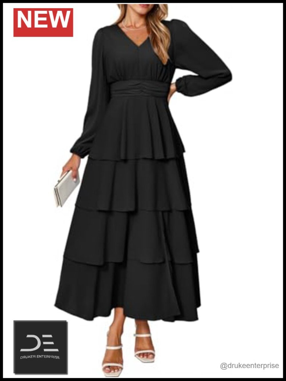 BerryGo Womens Chiffon Maxi Dress Long Sleeve V Neck Tiered Flowy Casual